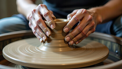 Potter hands molding clay on spinning wheel for art therapy and creative workshops