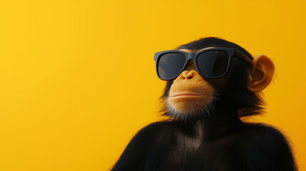 Chimpanzee with sunglasses, yellow background