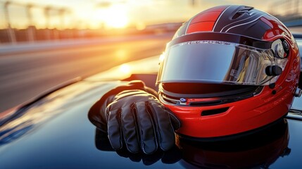 Fototapeta premium Racing Helmet and Gloves on Sports Car Hood at Sunset