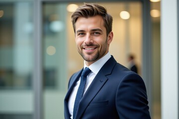 Fototapeta premium Confident Young Caucasian Male Business Professional in Suit Smiling in Modern Office Environment, Symbolizing Success and Career Advancement