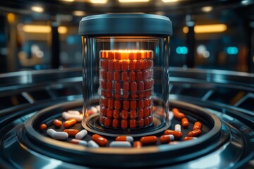 Red capsules displayed in a transparent container with additional pills on a futuristic laboratory table