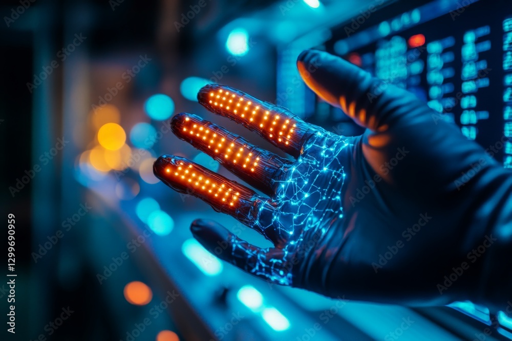Poster futuristic hand with glowing circuits and digital display showing advanced technology in a dark lab 