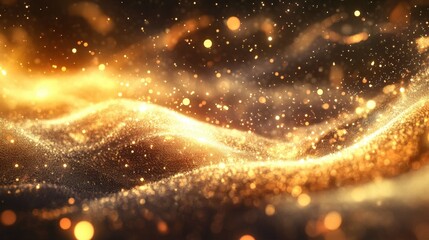 Naklejka premium Golden light waves shimmering in the air, resembling a magical energy field, with a dark and dreamy background.