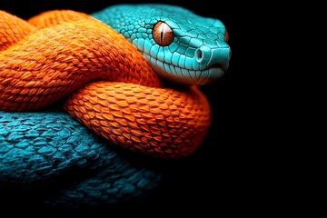 Fototapeta premium Vibrant azure and tangerine snake coils against inky black background