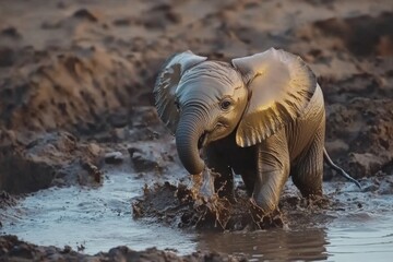 Fototapeta premium Baby Elephant Playing in Muddy Water with Joyful Expression