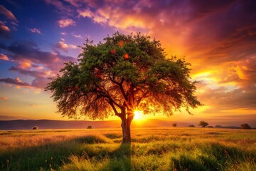 Fototapeta premium Silhouette of Solitary Fruit Tree in Meadow at Sunset - Glowing Autumn Harvest