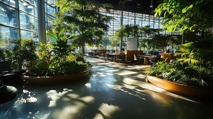 Fototapeta premium Sunlit atrium with lush greenery and modern workspace.