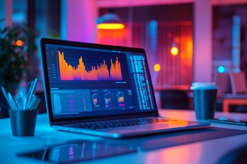 High-tech workspace featuring visual data analysis on a laptop with vibrant lighting in a modern office environment