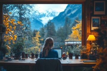 Working remotely in a cozy cabin surrounded by mountains and autumn leaves during sunset