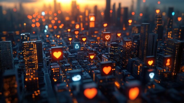 Sunset city, glowing hearts, social media, futuristic cityscape