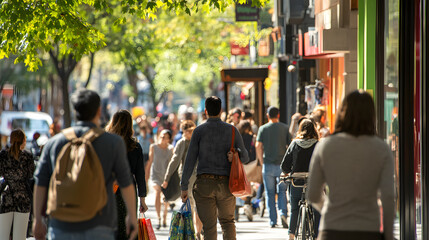 Vibrant Urban Sidewalk Scene: Pedestrians, Cyclists, and the Dynamic Pulse of City Life
