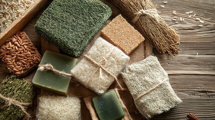 Assorted handmade soaps with rice and natural ingredients on wooden background.