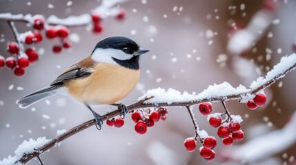 Snowy scene with chickadee on berry-laden branch winter wonderland wildlife photography peaceful nature close-up serenity