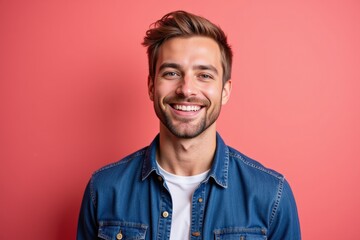 Smiling Young Caucasian Male in Casual Denim Jacket Posing Against a Pink Background, Radiating Confidence and Cheerfulness with a Friendly Expression