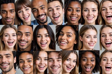 Fototapeta premium A Joyful Collage of Diverse Young Adults Celebrating Together with Bright Smiles and Expressions of Happiness in a Collaborative Setting