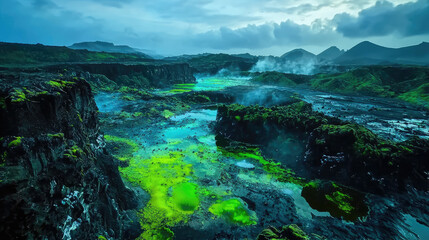 Breathtaking aerial view of a vibrant geothermal landscape with colorful hot springs and mountains