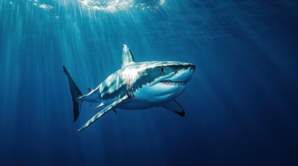 Fototapeta premium Majestic great white shark swimming in ocean depths underwater photography natural environment serene viewpoint