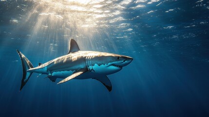 Fototapeta premium Majestic great white shark swimming gracefully in the ocean underwater photography marine life serene environment