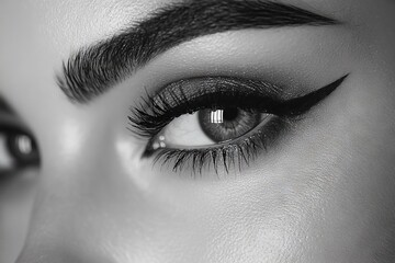 Fototapeta premium Close-up of an eye showcasing dramatic eyeliner and detailed lashes under soft lighting