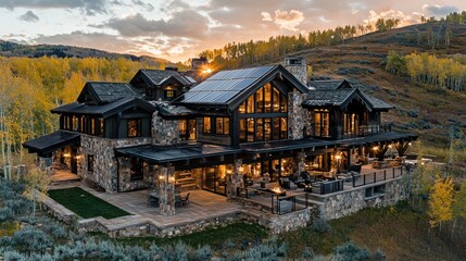 Luxurious mountain home at sunset.