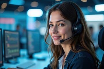 Professional Young Woman with Long Brown Hair Engaged in Customer Support at a Modern Call Center, Exuding Confidence and Approachability