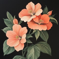 Detailed illustration of three peach hibiscus flowers against a black background.