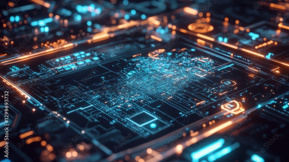 Poster complex network of interconnected circuits and nodes pulsing with streams of data, illuminated by vi