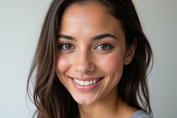 Fototapeta premium Smiling Young Adult Woman with Long Dark Hair on a Neutral Background: Captivating Portrait of a Happy Female with Radiant Skin and Engaging Expression