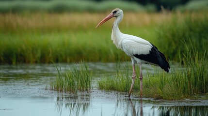 Stork wading through wetlands natural habitat wildlife photography serene landscape close-up view nature conservation