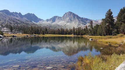 Calm alpine lake reflecting mountains under a clear sky.