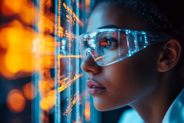 Young woman explores technology in a futuristic lab with digital displays during nighttime hours