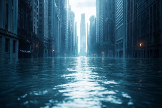 Urban landscape submerged in water after heavy rainfall creates an unusual and eerie atmosphere in the city