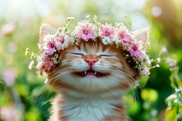 Cute baby cat abyssinian wearing free flower crown on its head. Sunny daylight. Vacation time...