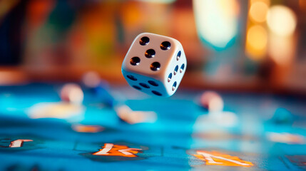 Dice Game in Progress, with One Die Floating in Midair, Concept of Cheating