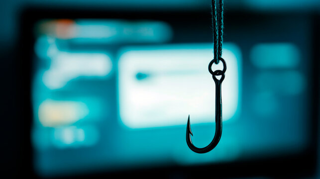 Fishing Hook Hanging in Front of a Computer Screen Displaying a Fake Login Page