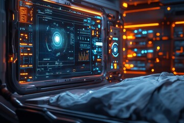 Fototapeta premium Futuristic medical bay with advanced technology and glowing interface in a sci-fi setting