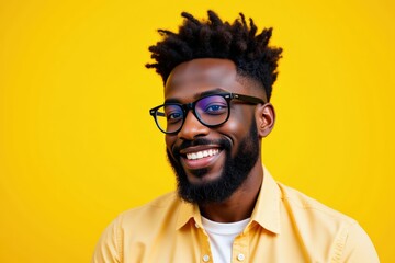 Obraz premium A 30-Year-Old Black Man with Glasses and Stylish Hair Smiling Against a Vibrant Yellow Background, Emphasizing Joy and Confidence in Portrait Photography
