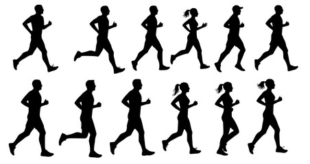 Running men and women, isolated vector silhouettes. Run, side view. Silhouettes of athletic looking male and female runners running. Transparent PNG version.