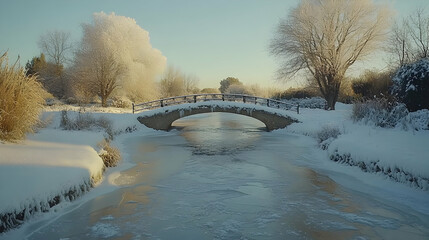 Snowy Winter Bridge over Frozen Stream