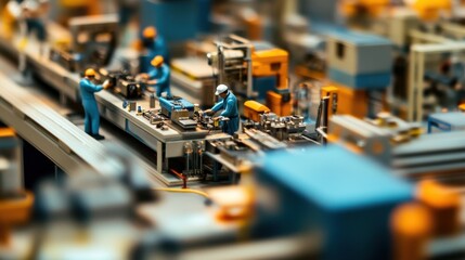Miniature Factory Scene with Workers and Machinery in Action