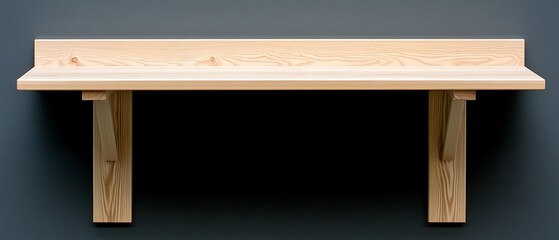 Light Wooden Wall Shelf Display Unit with Two Support Legs Mounted Against a Dark Background