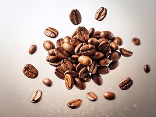 Obraz premium Slow Motion Falling Coffee Beans, White Background, Studio Shot, Food Photography, Product Image
