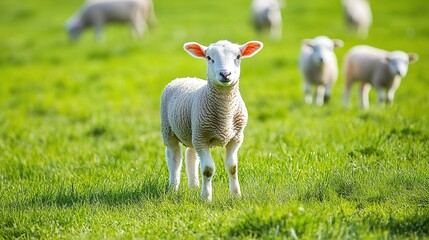 Naklejka premium Lush green meadow, Grass background, Fluffy lambs, pastoral scene, Springtime field, Fresh grass,