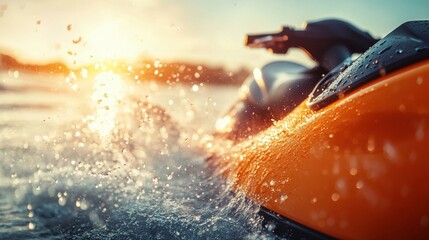 Naklejka premium Close-Up of Jet Ski on Ocean Waves at Sunset