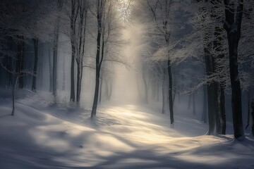 Majestic Snow-Covered Forest with Mystical Glow Under Moonlight
