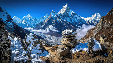 Majestic snow-capped mountains under a clear blue sky with a rocky trail in the foreground