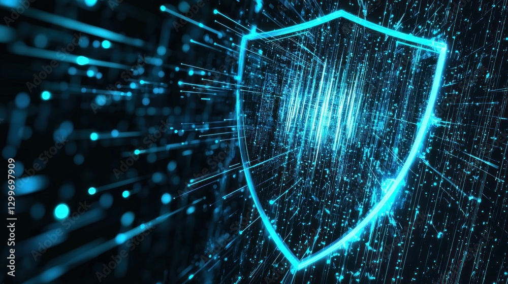 Poster digital shield representing cybersecurity defense concept with connection lines and nodes network se