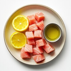 Diced salmon fillet with lemon and olive oil.