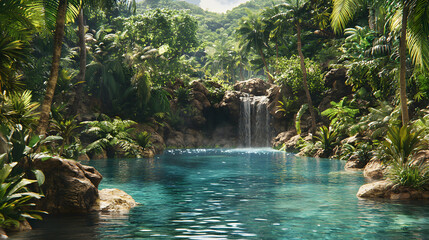 Naklejka premium Lush Tropical Waterfall Pool in a Vibrant Green Jungle