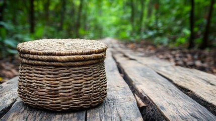 Woven Container on Wooden Path through a Verdant Forest Canopy Creating a Natural Composition